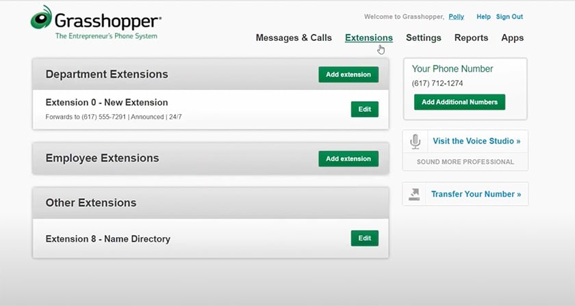 Grasshopper account management portal interface.