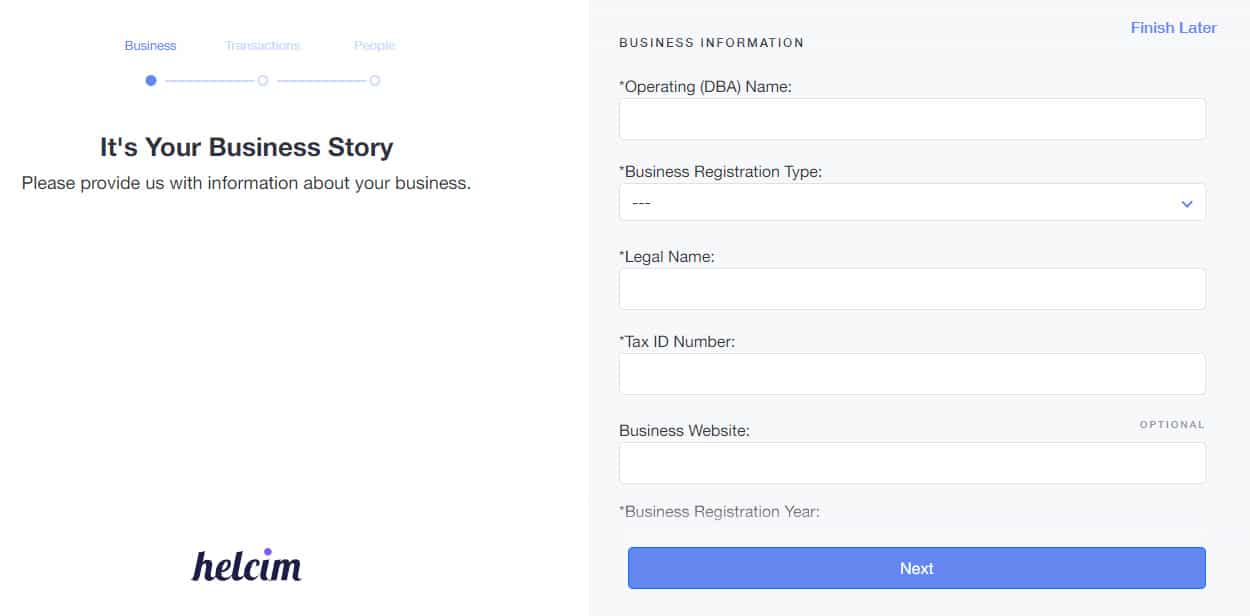 Helcim Business Registration form.