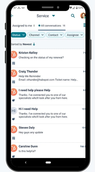 HubSpot inbox on mobile interface.