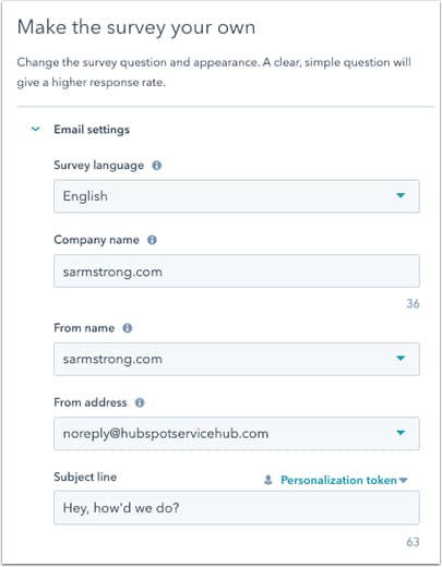 HubSpot survey form editor.