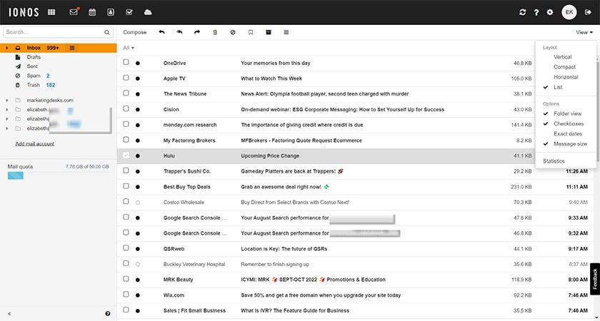 IONOS webmail inbox interface.