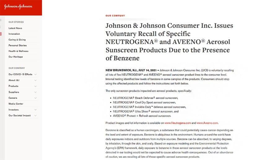 Johnson & Johnson example of product recall press release.