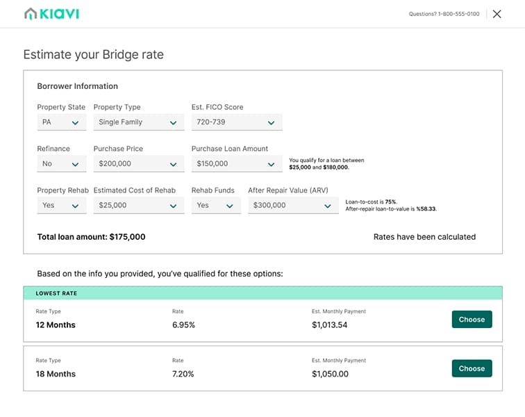 Kiavi Fix-and-flip loan estimations calculator.