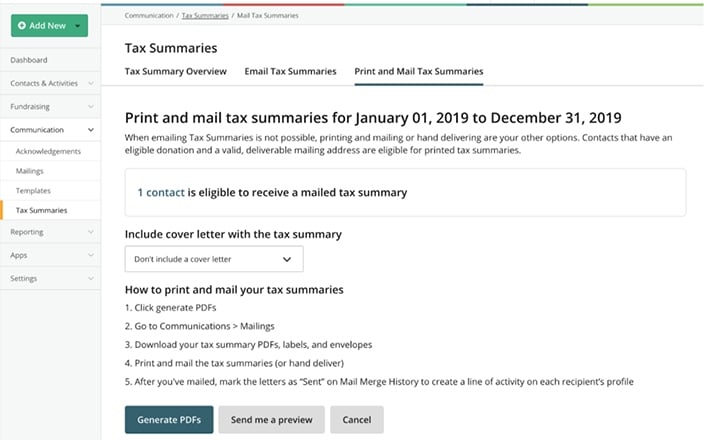 Kindful print and mail tax summaries