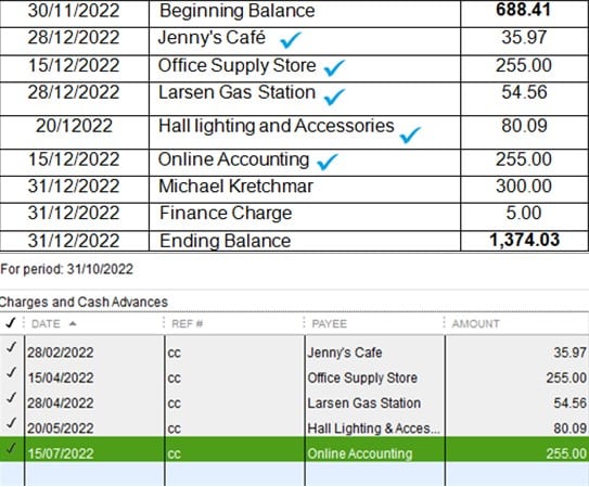 Matching transactions in QuickBooks to the credit card statement.
