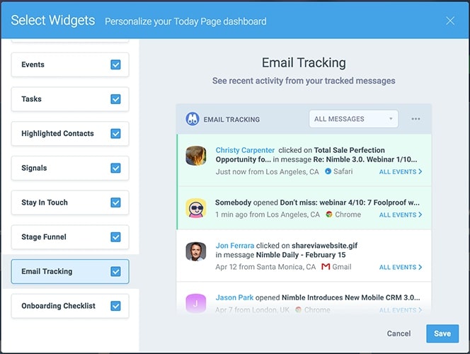 Nimble email message tracking widget.