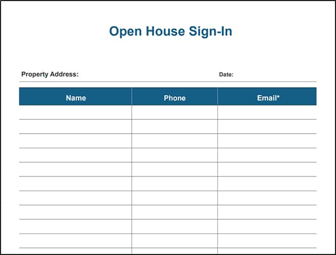 Open house sign-in sheet template example.