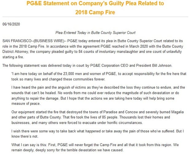 Press release from PG&E with a statement on a crisis.