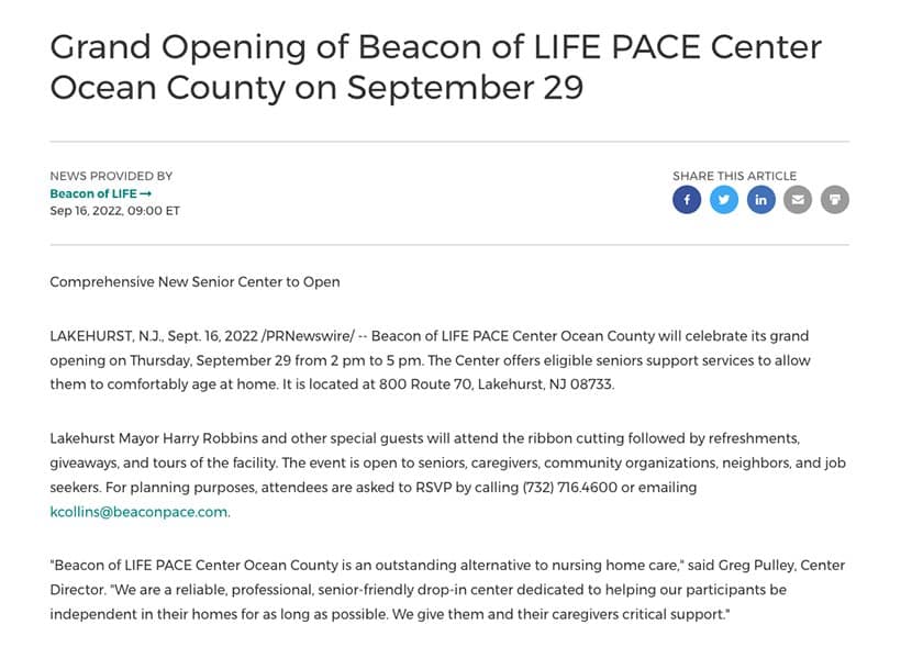 Beacon of LIFE PACE's grand opening press release.