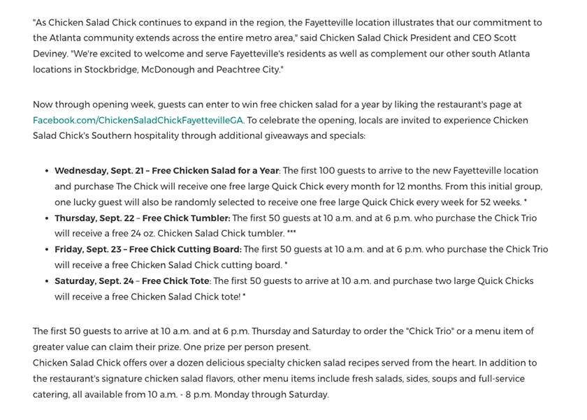 PR Newswire example of Chicken Salad Chick grand opening press release body