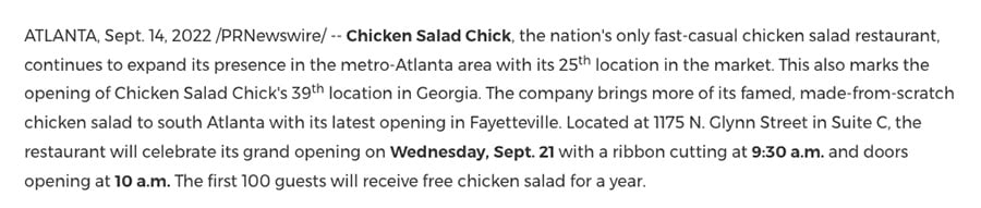 PR Newswire example of Chicken Salad Chick grand opening press release lead paragraph
