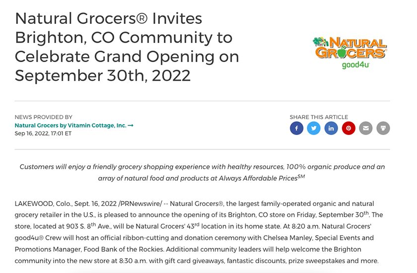 Natural Grocer's press release announcing its grand opening.