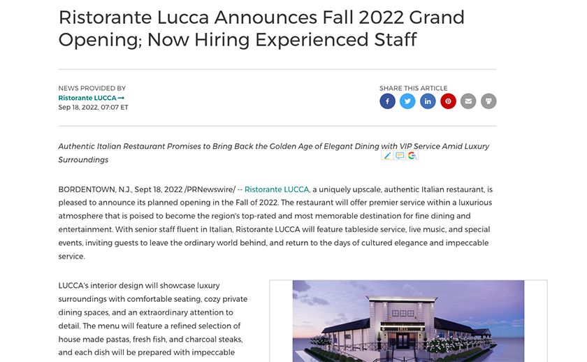 Ristorante Lucca's press release announcing its grand opening.