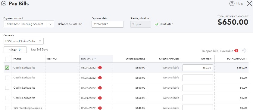 Pay Bills screen in QuickBooks Online Essentials.