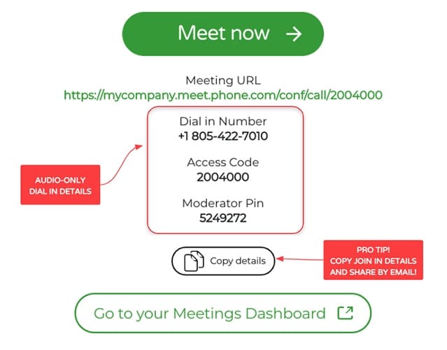 Phone.com join audio conference calls through dial-in details