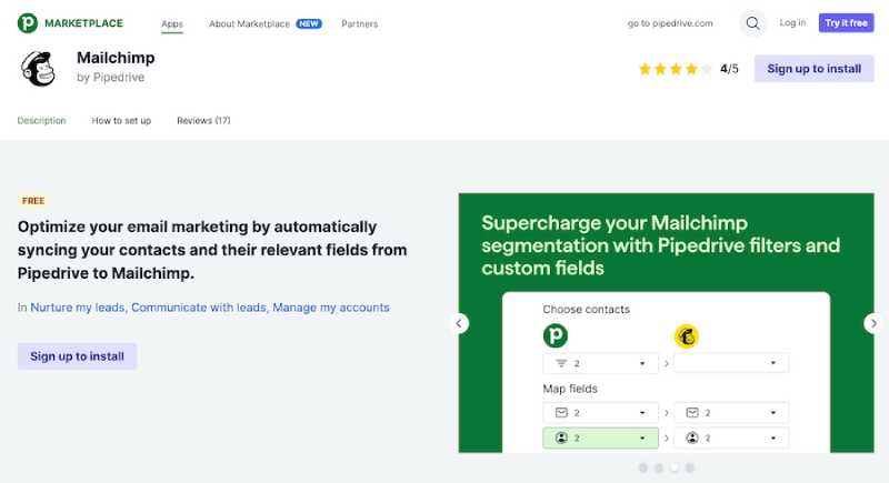 Pipedrive's Marketplace showing the benefits of its native integration with Mailchimp.