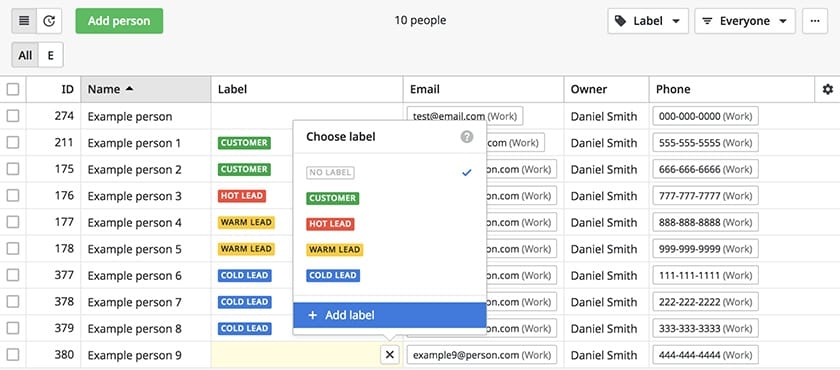 Pipedrive contact labeling options.