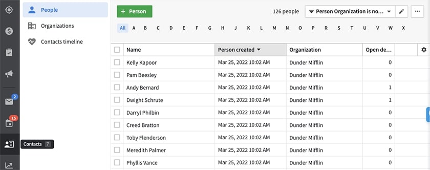 Pipedrive contact list dashboard.