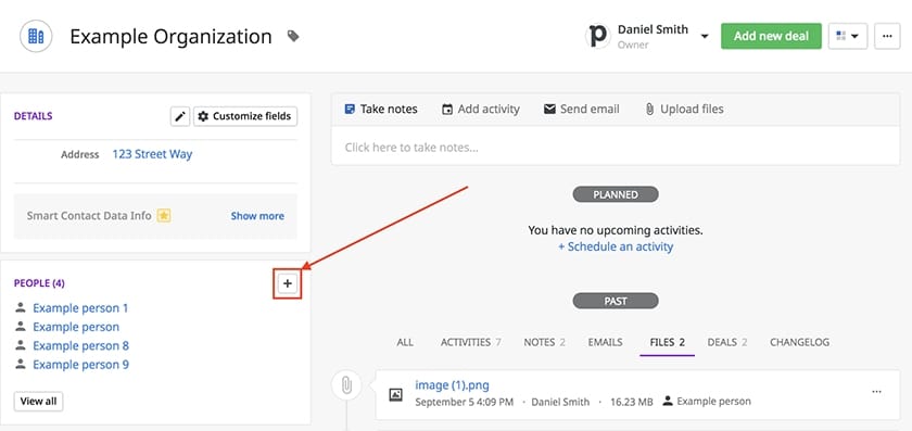 Pipedrive example of lead record on a single page.