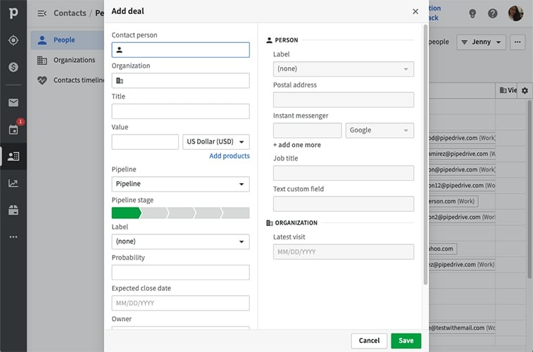 Pipedrive form for adding deal record with descriptive data.