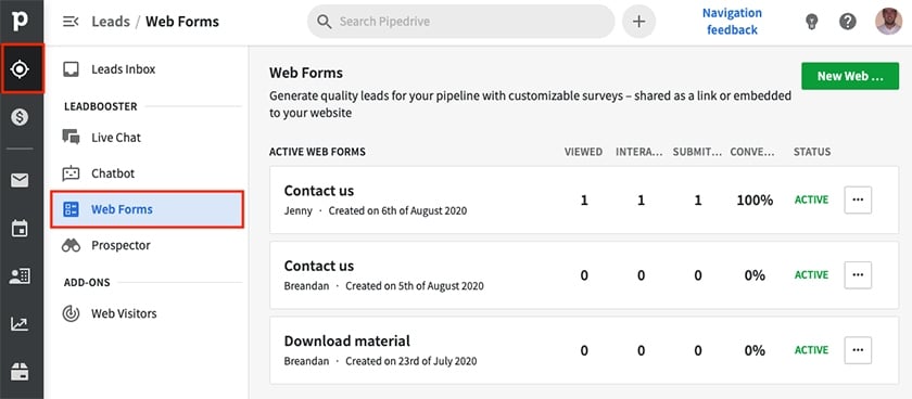 Pipedrive web forms leadbooster.
