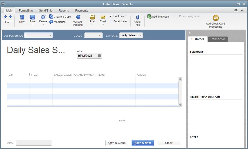 Enter Sales Receipts form in QuickBooks Desktop sample.