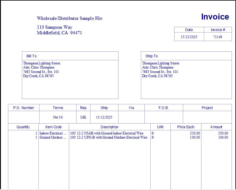 Sample invoice in QuickBooks Retail Edition.