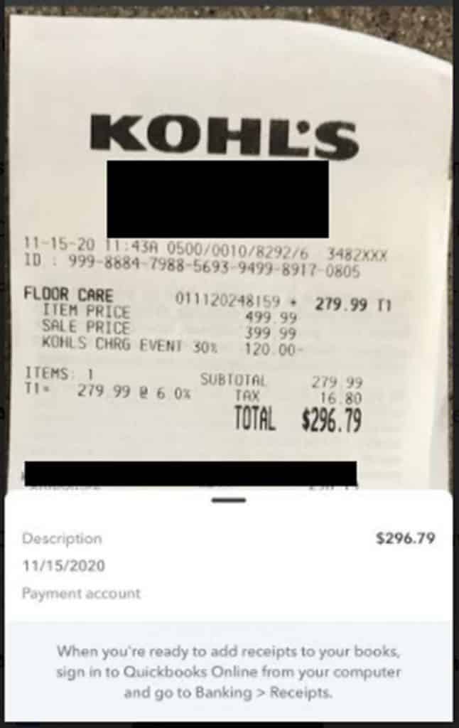 Image of a Kohl's receipt that was captured in QuickBooks Online's mobile app.