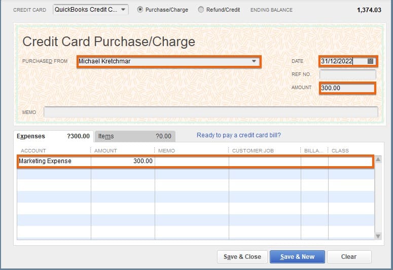 Recording a new credit card transaction in QuickBooks Desktop.