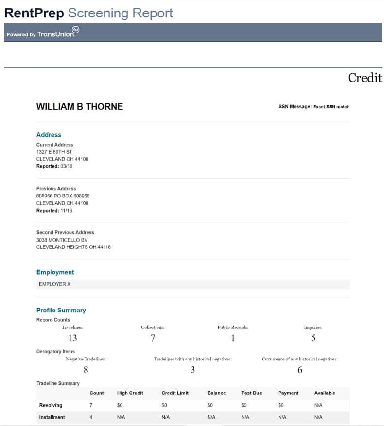RentPrep SmartMove screening report sample.