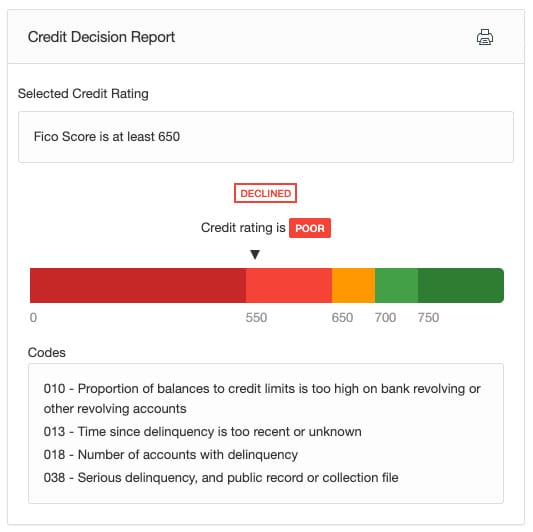 Sample report of credit decision on RentPrep.