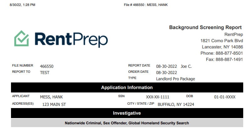 RentPrep tenant background screening report sample.