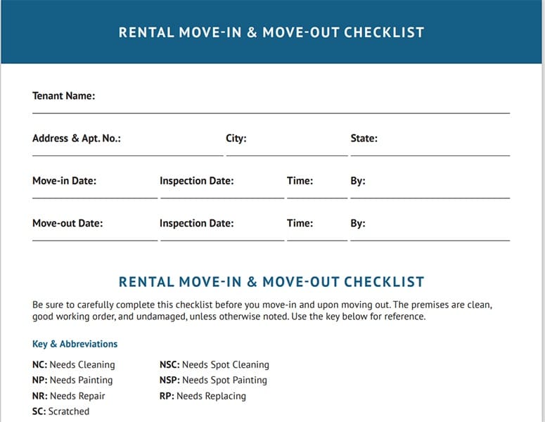 Rental move-in and move-out checklist template.