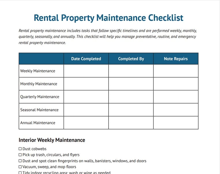 Rental property maintenance checklist template.