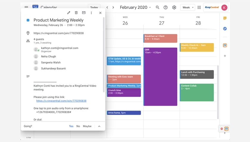 RingCentral video settings and join discussions within Google Calendar