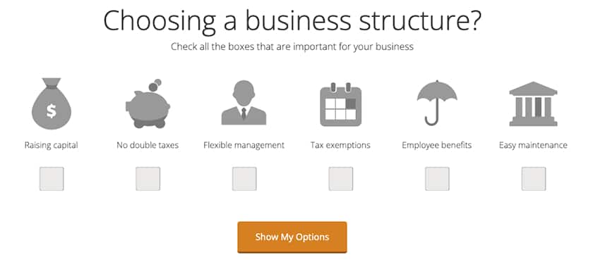 Rocket Lawyer business structure options.
