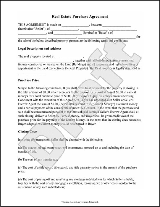 Rocket Lawyer sample draft of real estate purchase agreement.
