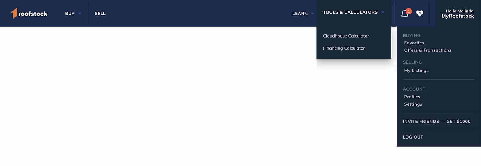 Roofstock menu for Financing Calculator.