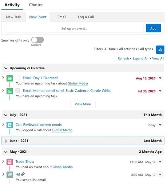 Salesforce Essentials lead activity events tab.
