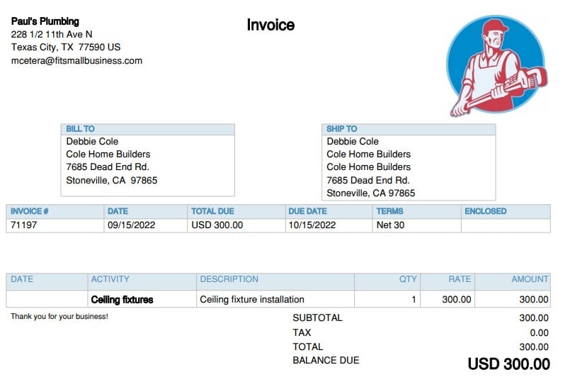 Image of an invoice that was created in QuickBooks Online.