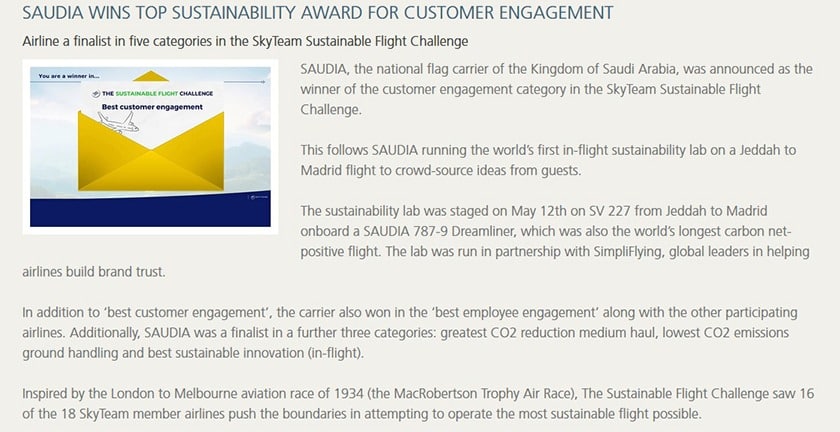 Press release from an airline announcing a top sustainability award.