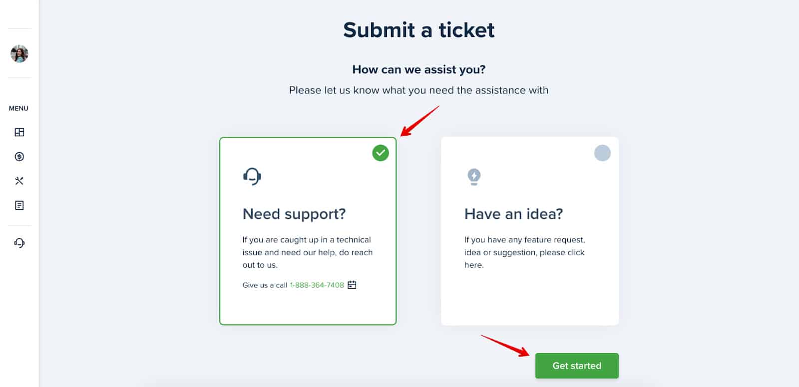 Choosing Customer Support and Get Started button for creating ticket on TenantCloud.