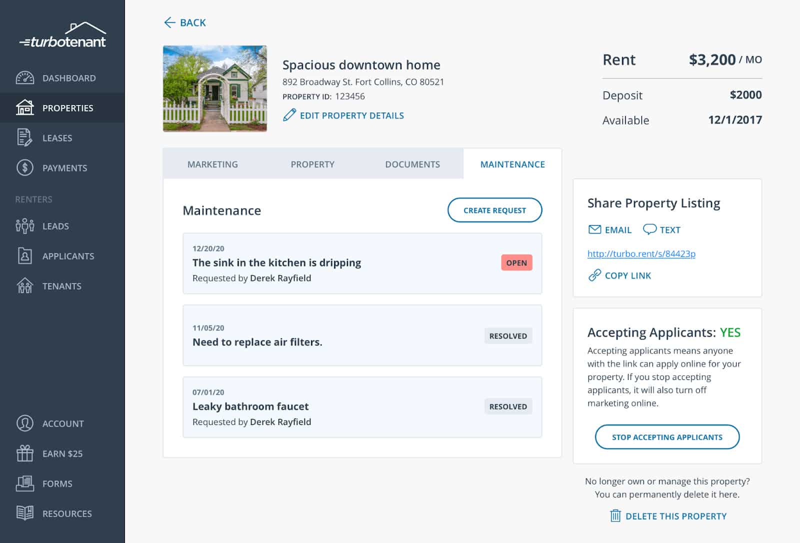 TurboTenant maintenance history tracking.