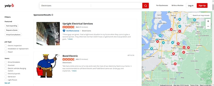 Yelp business pages example of local SEO citations.