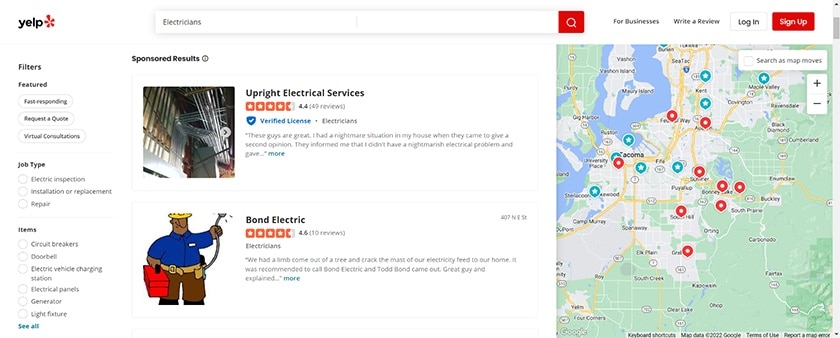 Listings of local electricians on Yelp.