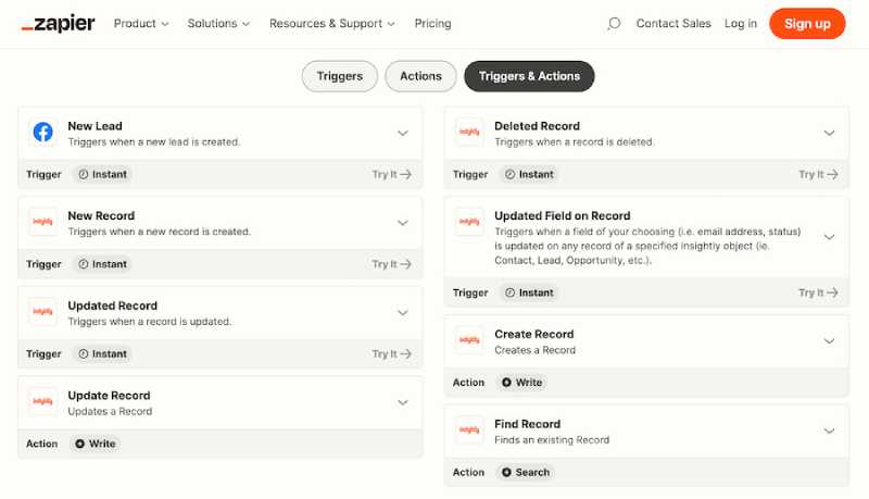 A list of Zapier's supported triggers and actions for Insightly CRM and Facebook Lead Ads integration.