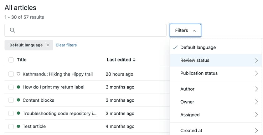 Zendesk bulk editing articles with filter options