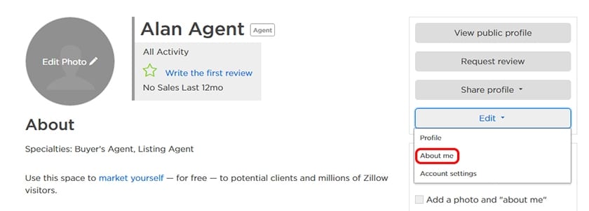 Zillow Agent Profile edit about me info.