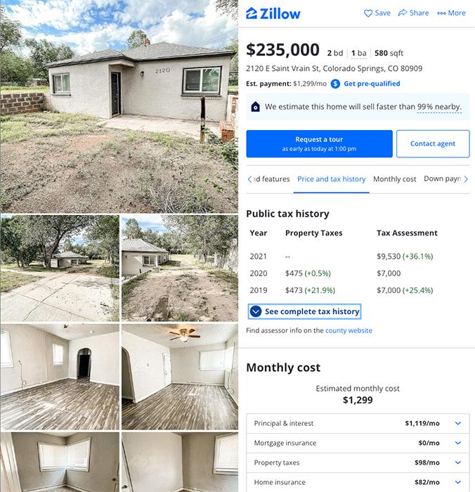 Zillow property listing with details of its tax history and monthly mortgage estimations.