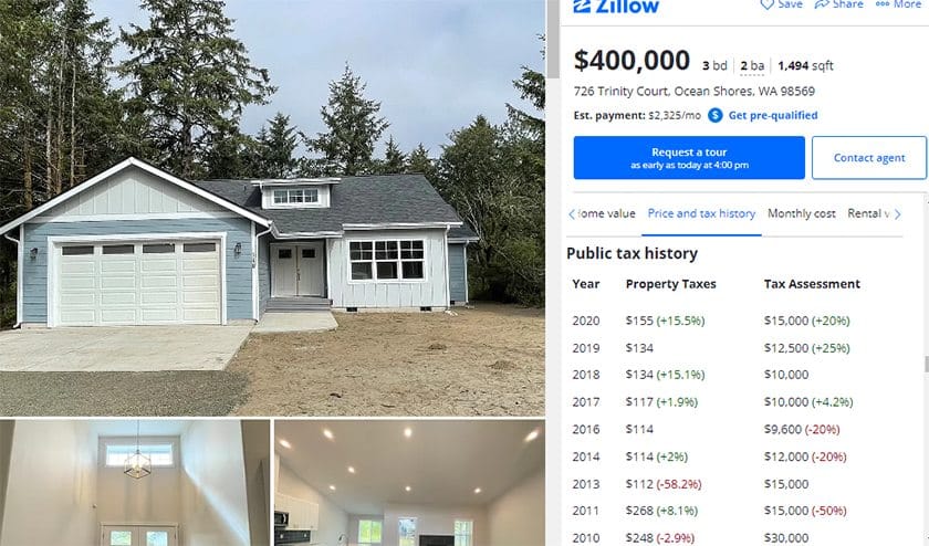 Zillow property listing with public tax history.